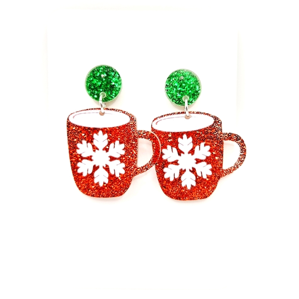 Christmas Mug Snowflake Earrings Red Green Glitter Acrylic Holiday Festive